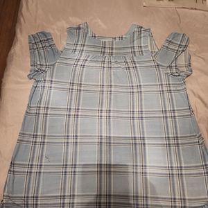 Blue plaid cold shoulder  ,front button up , womans blouse 3xl